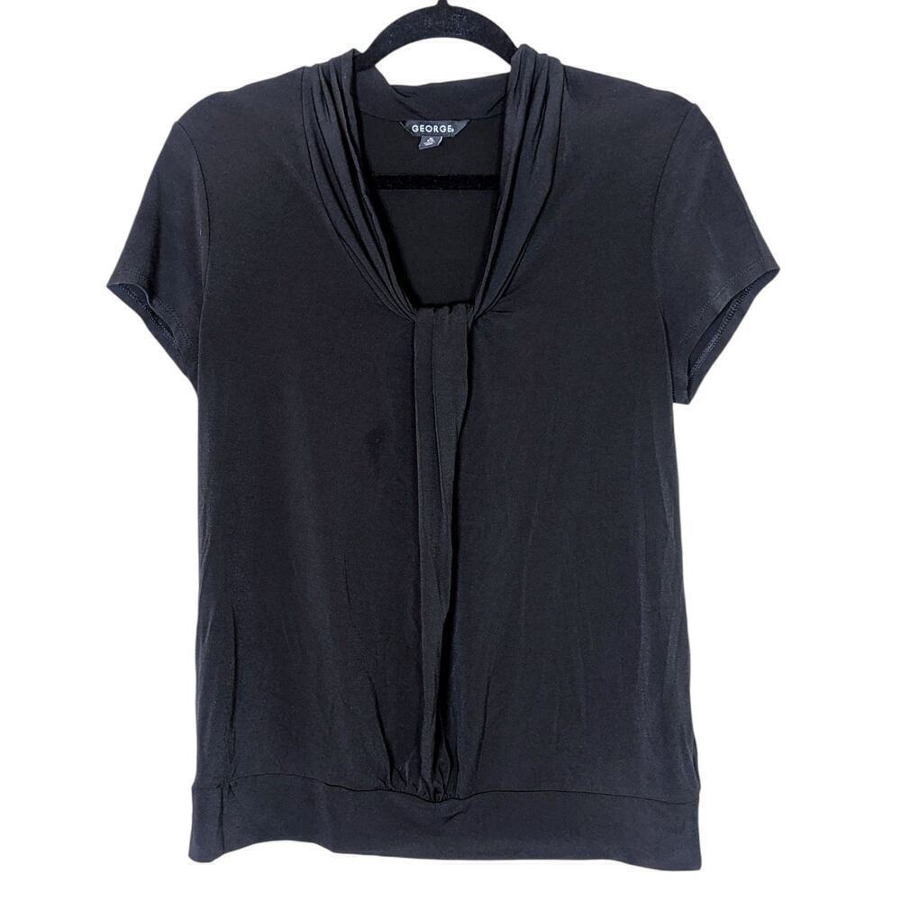 GEORGE Women’s Blouse Black Short Sleeve Ruched Twist V-Neck Size Medium